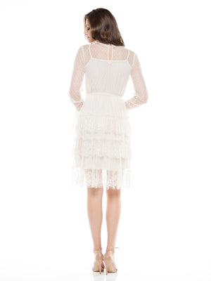 MESH LACE RUFFLE SEE-THROUGH DRESS