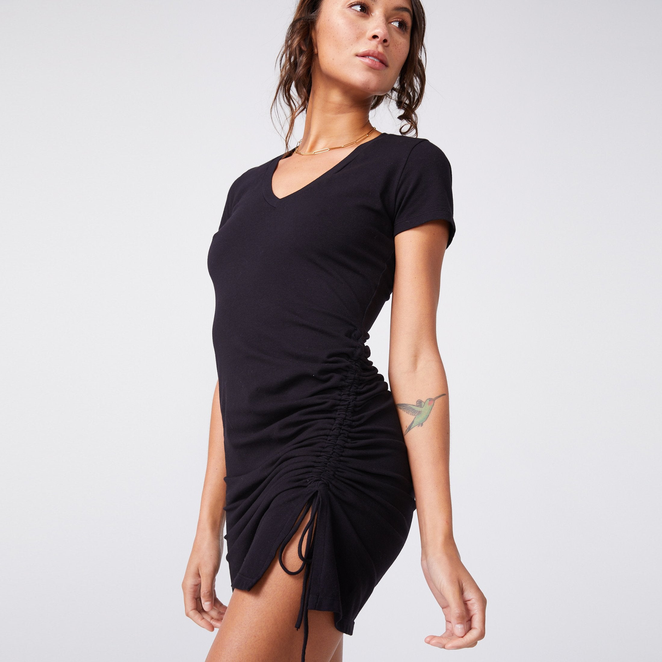 Shirred Front Cap Sleeve V Neck Dress (6643419381942)