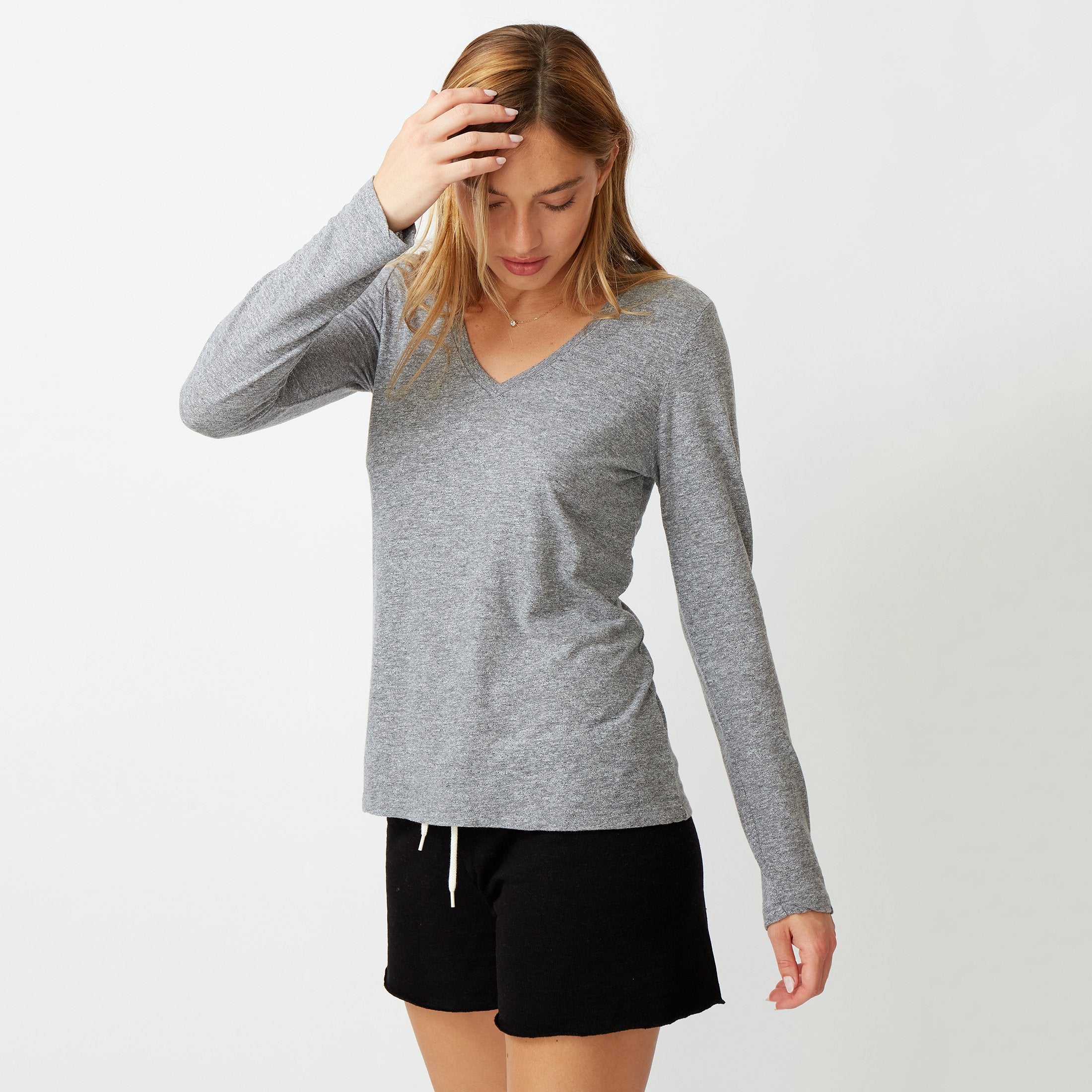 Textured Tri-Blend Long Sleeve Relaxed V-Neck Tee (679692632091)